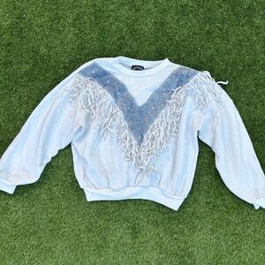 White and blue denim vintage cowboy crewneck sweatshirt with fringe details